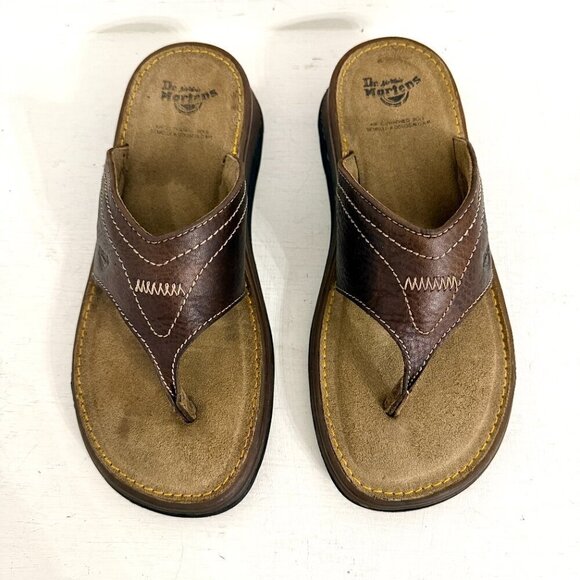 Dr. Martens Retro Chunky Brown Leather Flip Flop Thong Sandals Slides - Picture 4 of 11
